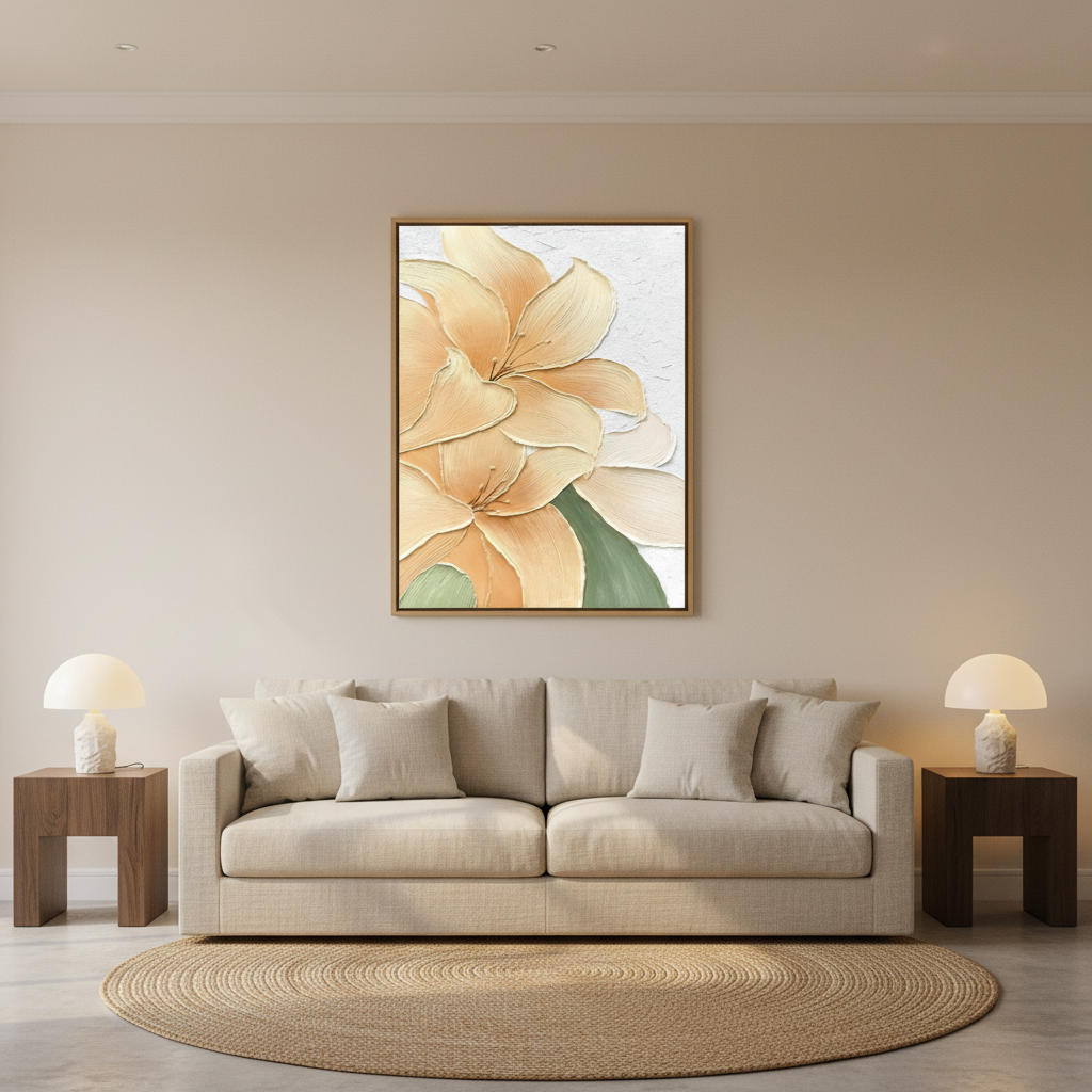 Champagne peach lily oil painting in a warm modern living room
