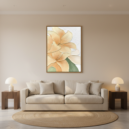 Champagne peach lily oil painting in a warm modern living room