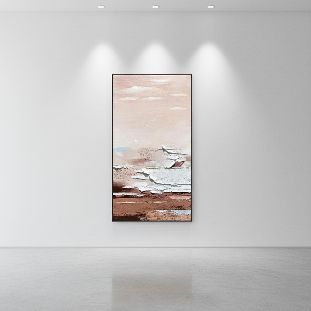 Abstract pink beige sky white ice slab brown earth oil painting in an art gallery