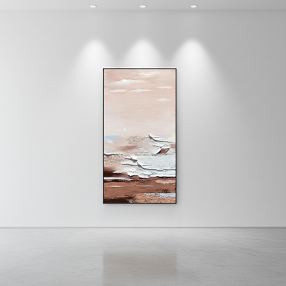 Abstract pink beige sky white ice slab brown earth oil painting in an art gallery