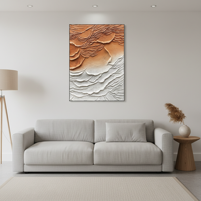 Abstract terracotta orange white cloud dune oil painting in a Scandinavian living room