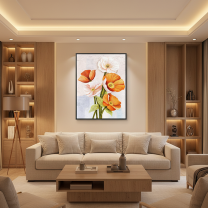 Orange white poppy bouquet oil painting in a warm modern living room