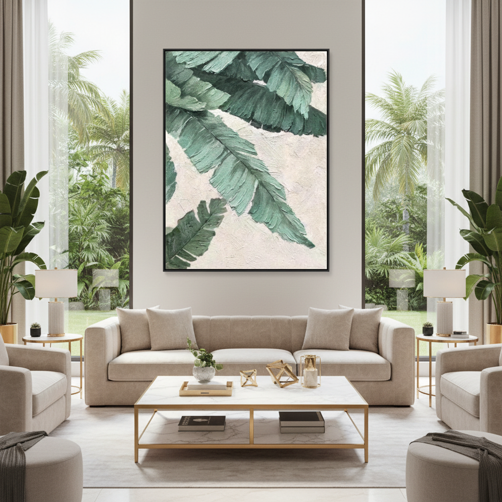 Tropical green banana palm leaf oil painting in a luxury modern living room