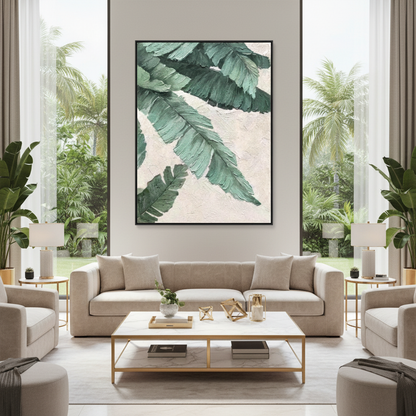 Tropical green banana palm leaf oil painting in a luxury modern living room