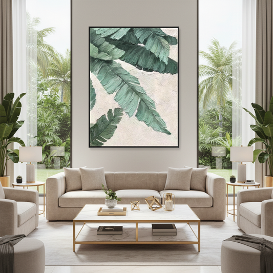 Tropical green banana palm leaf oil painting in a luxury modern living room
