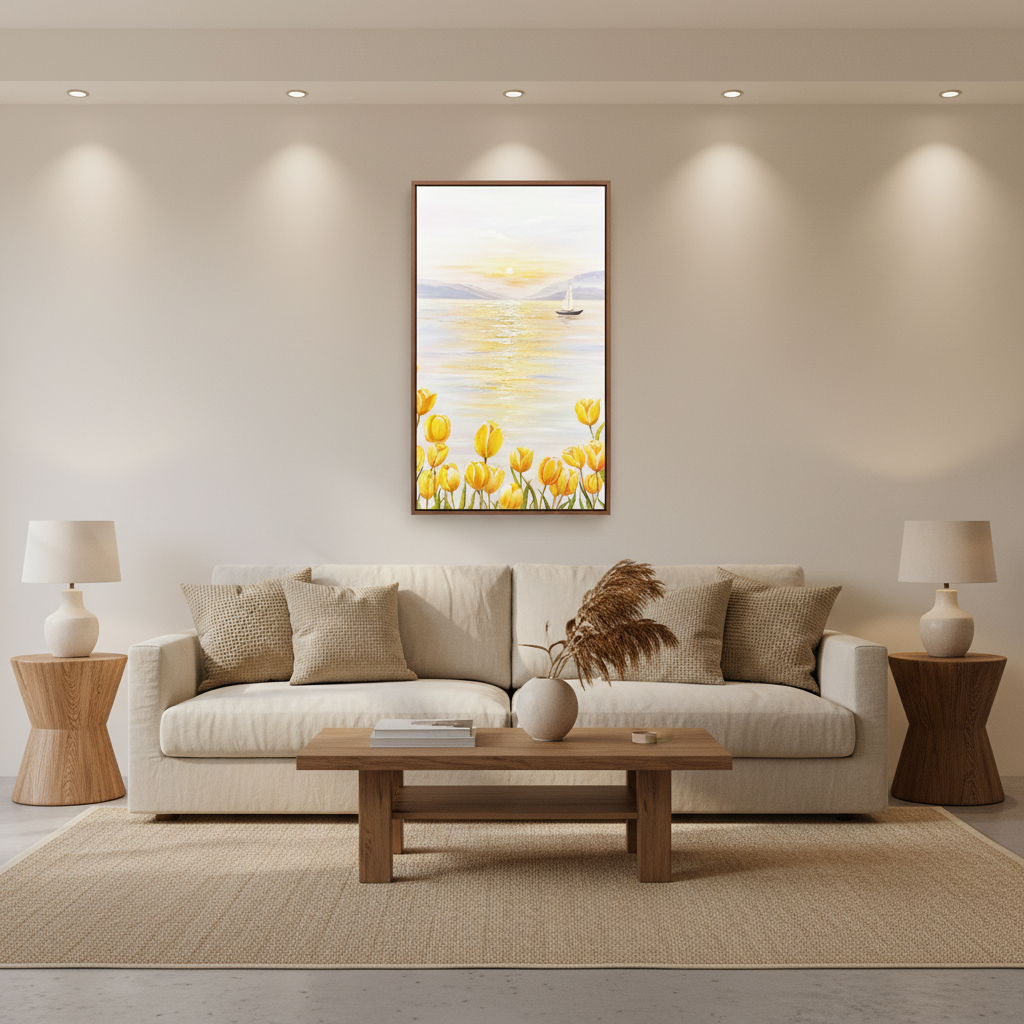 Yellow tulip lakeside sailboat sunrise oil painting in a warm modern living room