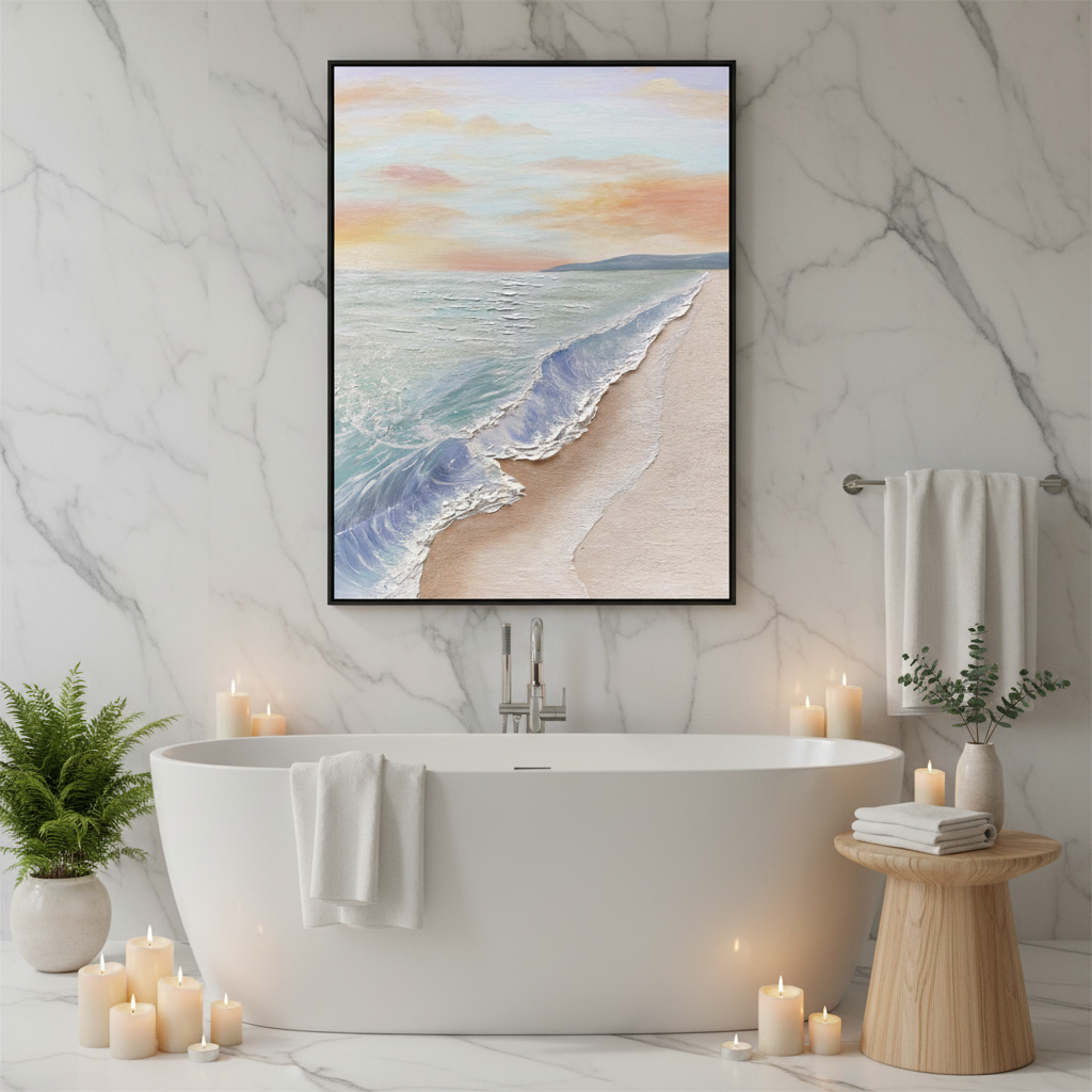 Sunset beach oil painting in a spa-like bathroom