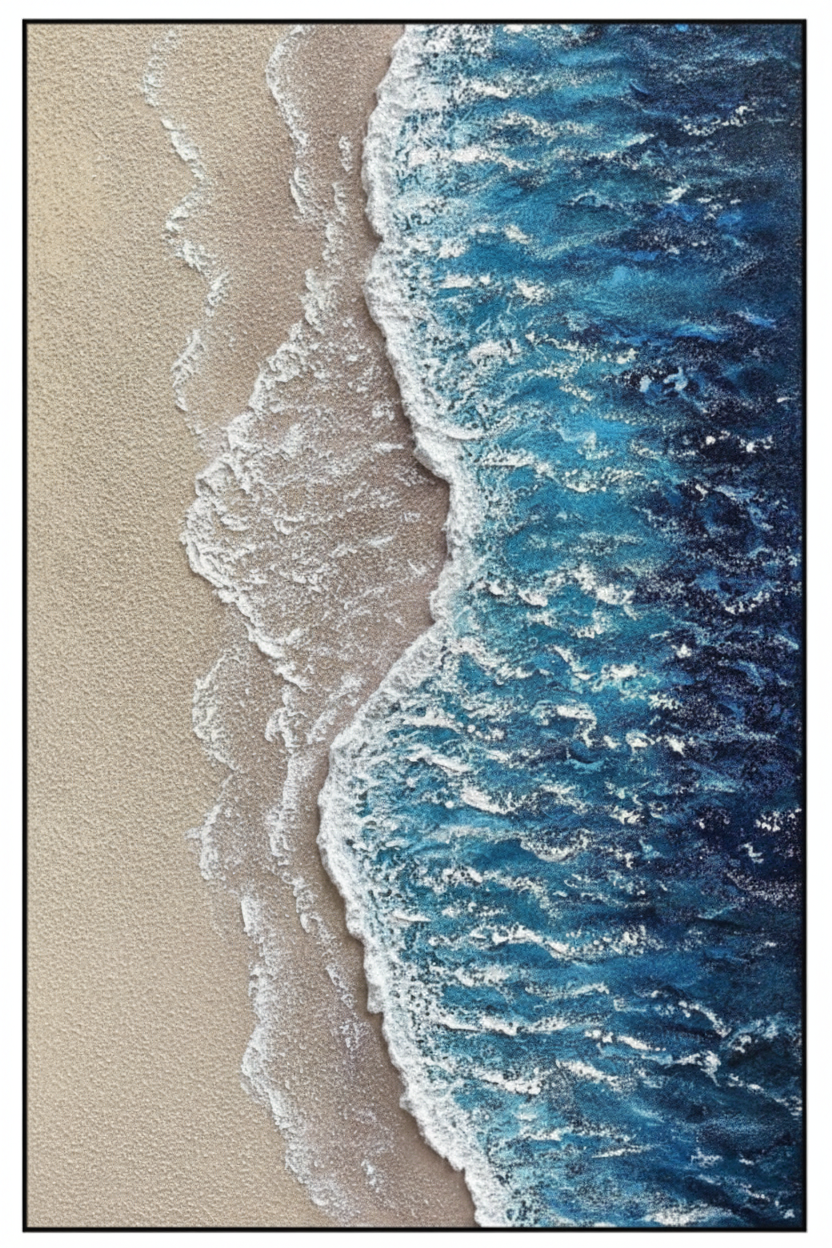 Aerial beach ocean impasto oil painting no frame white background