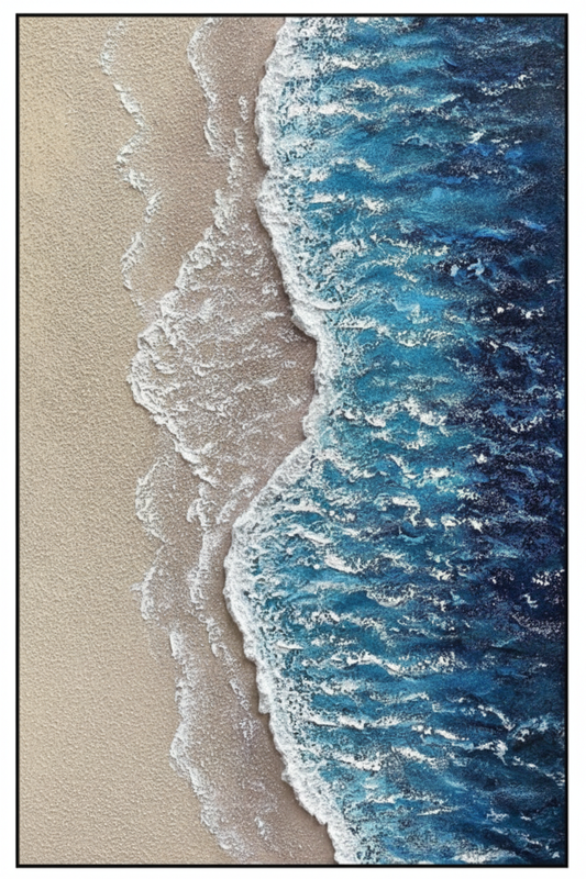 Aerial beach ocean impasto oil painting no frame white background