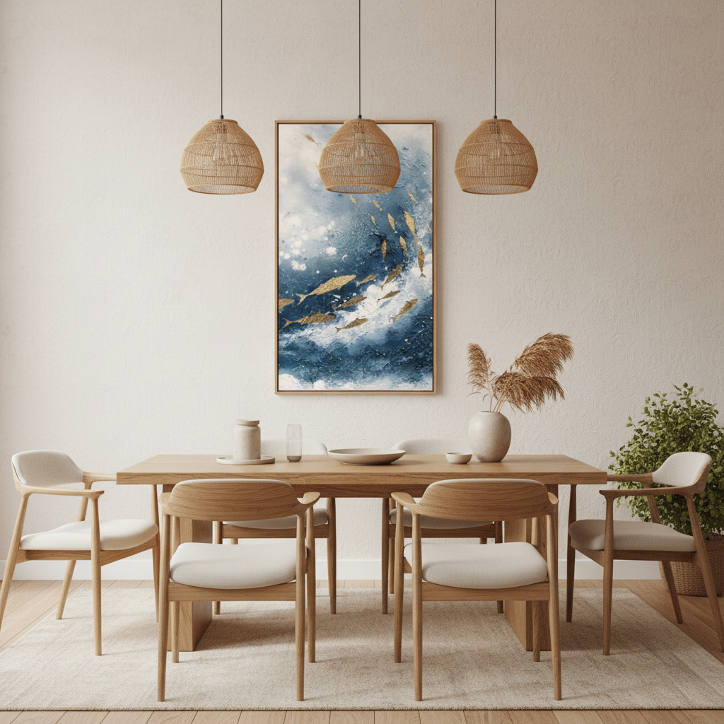 Golden fish school ocean oil painting in a Japandi dining room