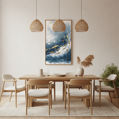 Golden fish school ocean oil painting in a Japandi dining room