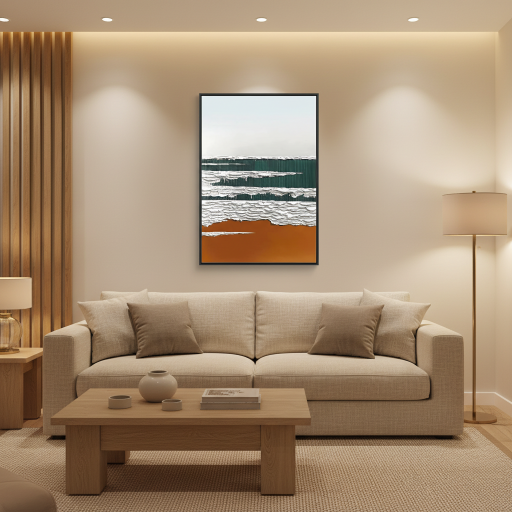 Abstract green white wave oil painting in a warm modern living room