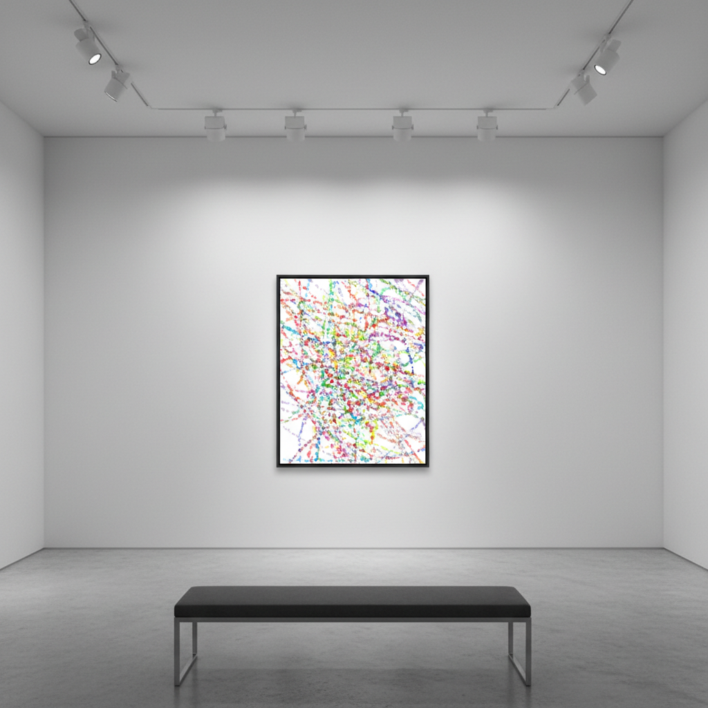Multicolor drip splatter abstract oil painting in an art gallery