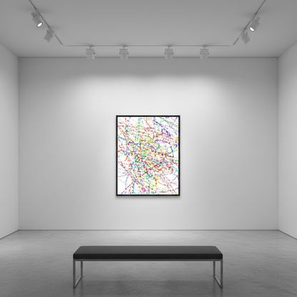 Multicolor drip splatter abstract oil painting in an art gallery
