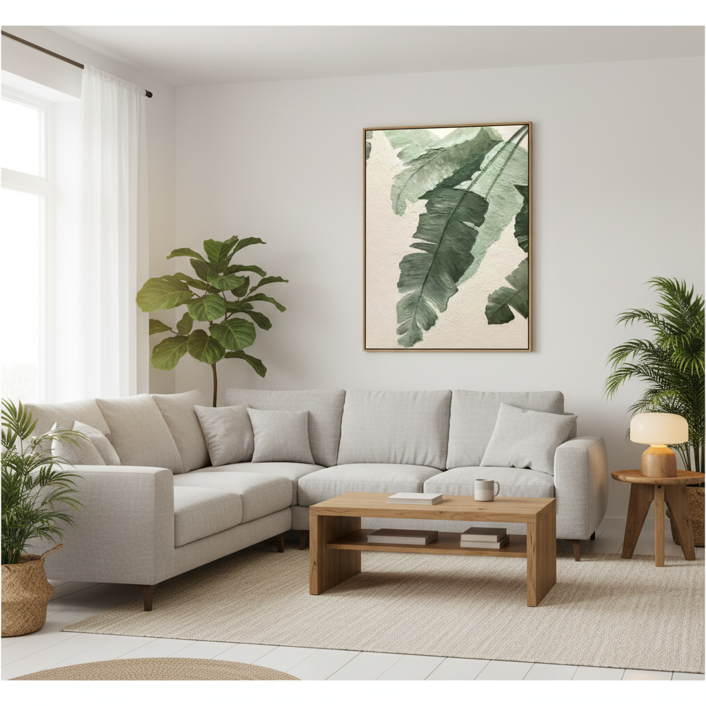 Dark forest green banana leaf oil painting in a Scandinavian living room