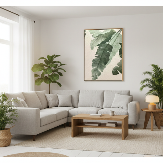 Dark forest green banana leaf oil painting in a Scandinavian living room