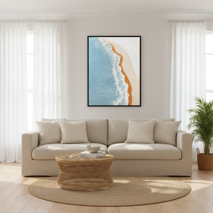 Aerial beach oil painting in a coastal living room