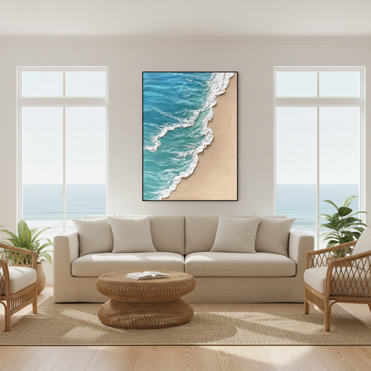 Turquoise beach oil painting in a coastal living room