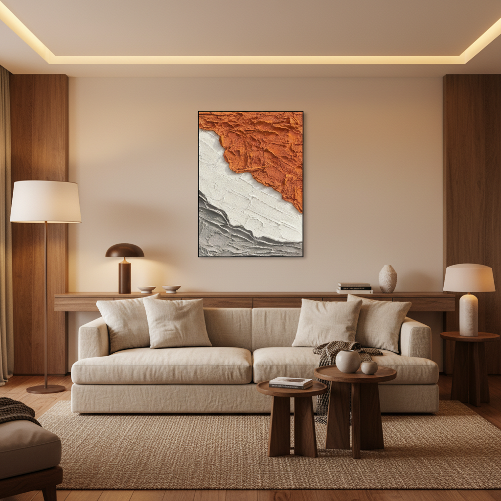 Abstract geological oil painting in a warm modern living room