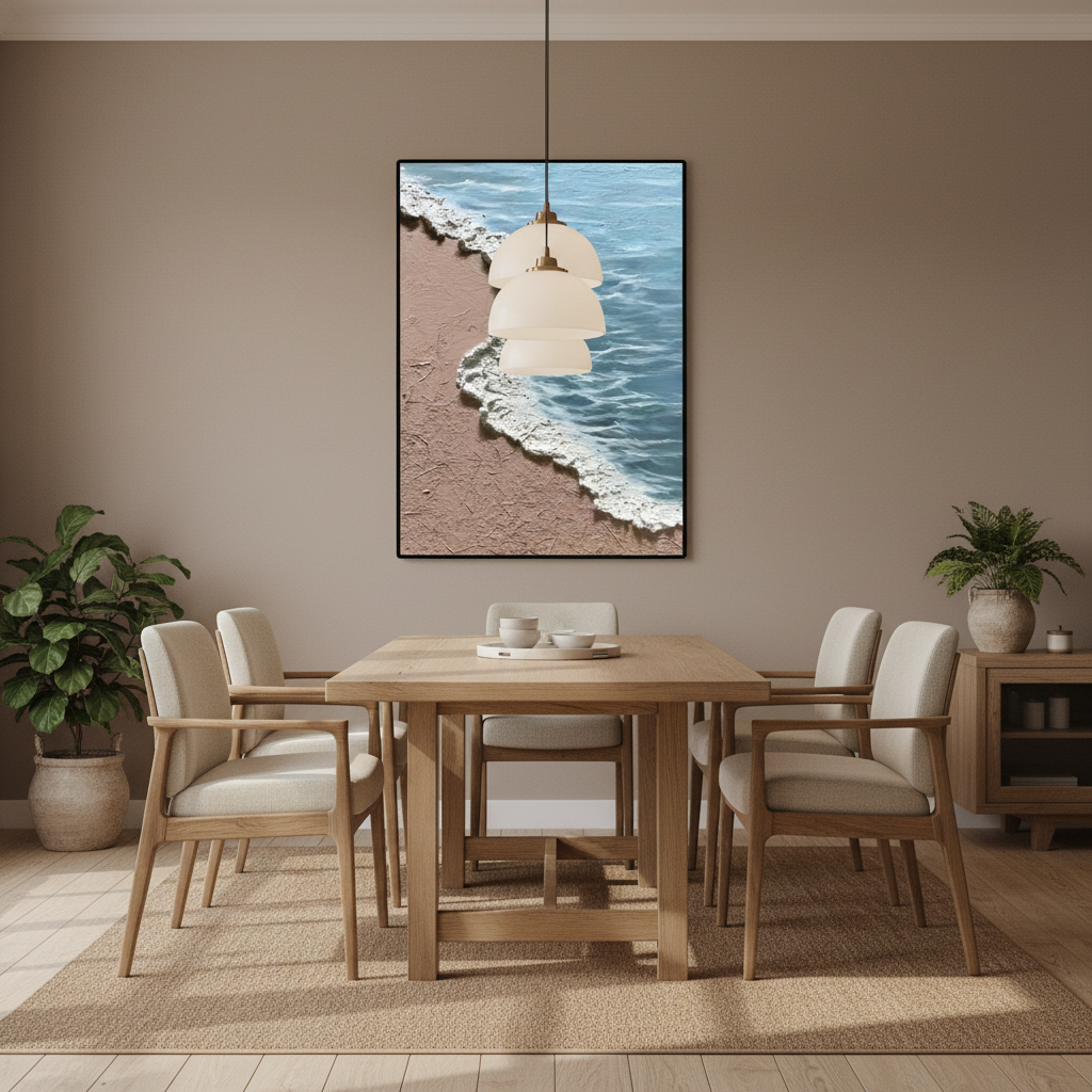 Beach shoreline oil painting in a Japandi dining room