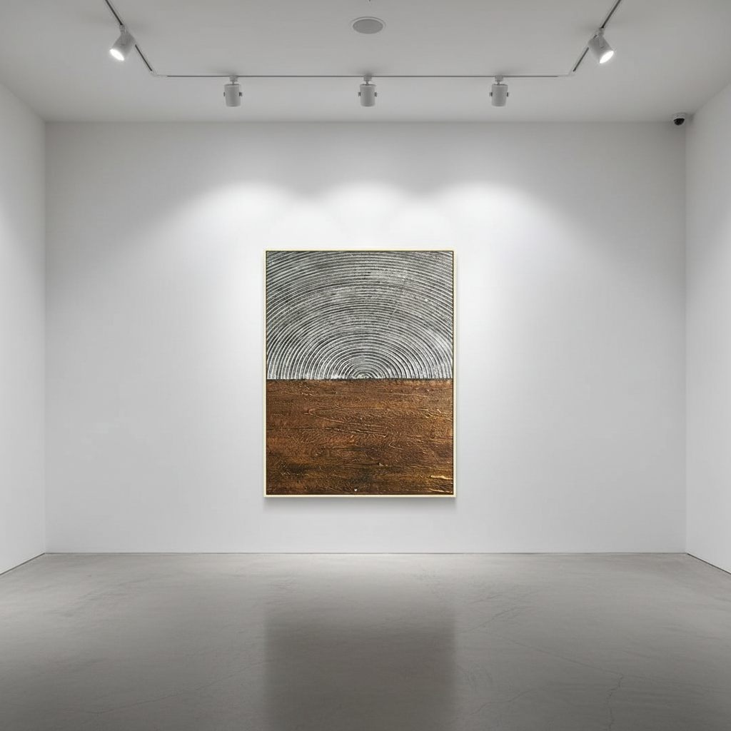 Abstract silver grey dome copper brown earth oil painting in an art gallery