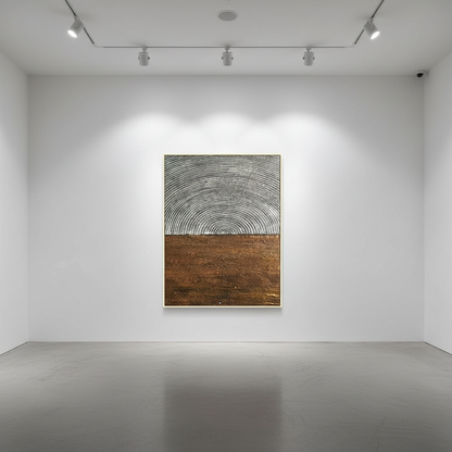 Abstract silver grey dome copper brown earth oil painting in an art gallery