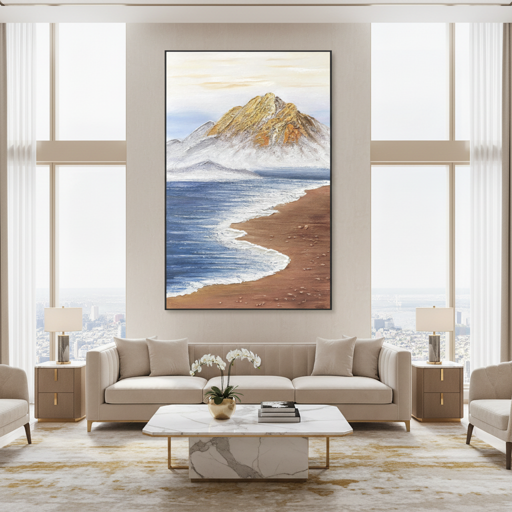 Coastal mountain bay oil painting in a luxury modern living room