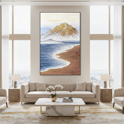 Coastal mountain bay oil painting in a luxury modern living room