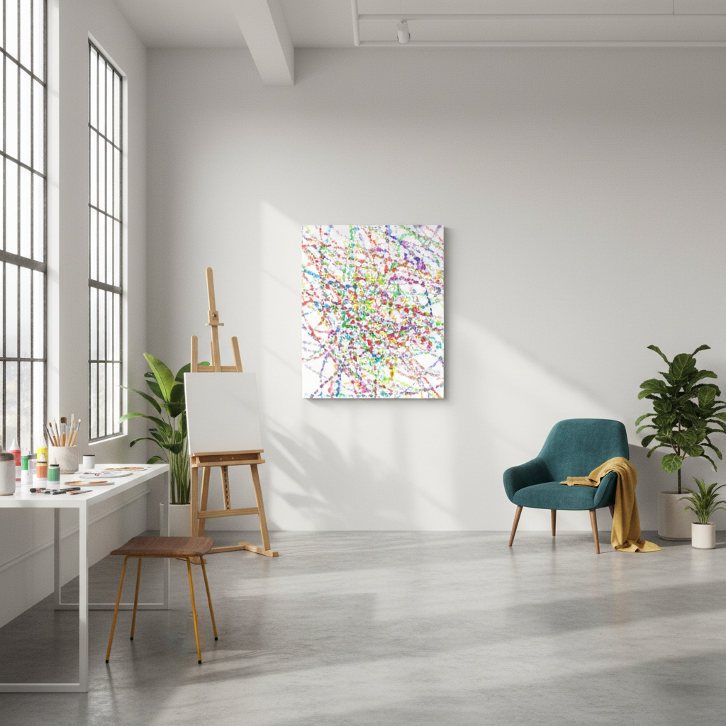 Multicolor drip splatter abstract oil painting in a contemporary art studio