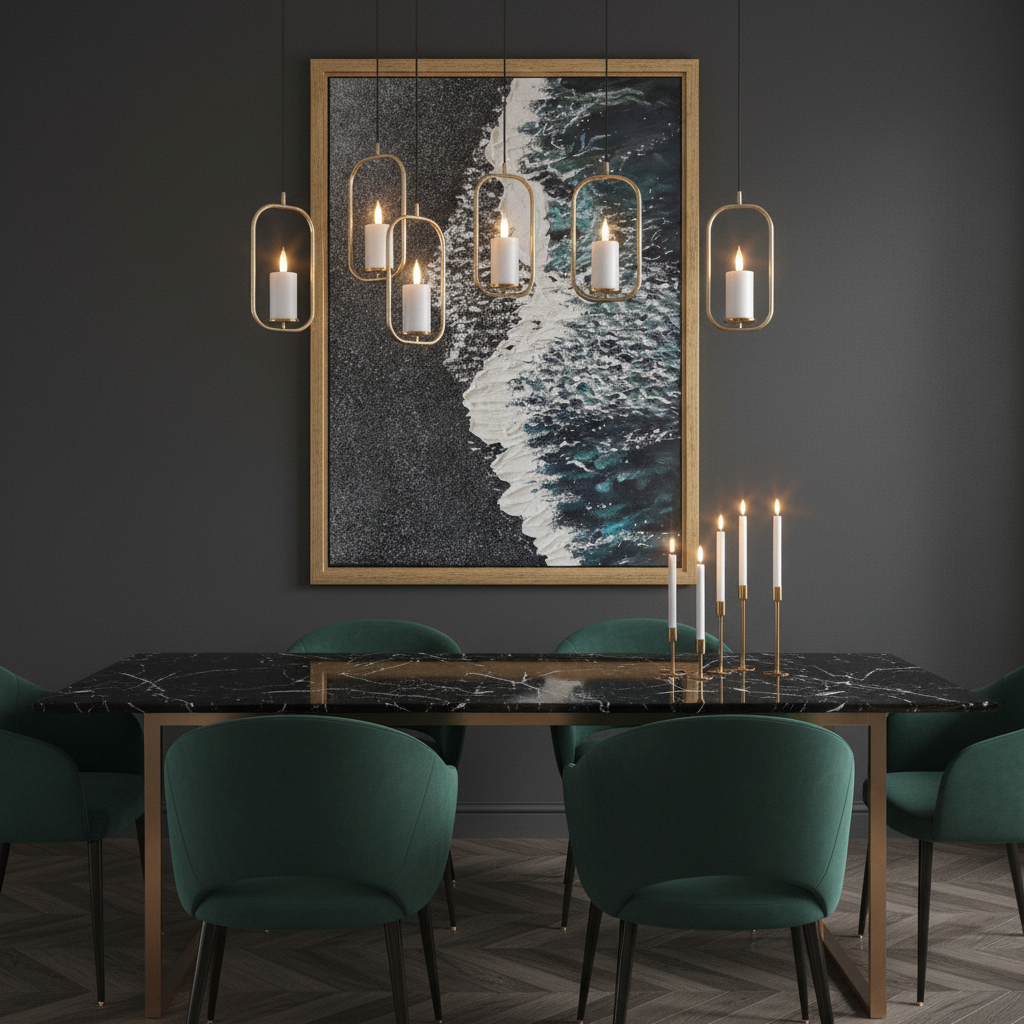 Black sand beach oil painting in a sophisticated dining room