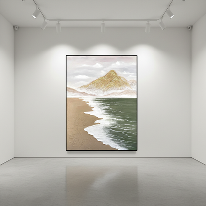 Serene coastal mountain oil painting in an art gallery