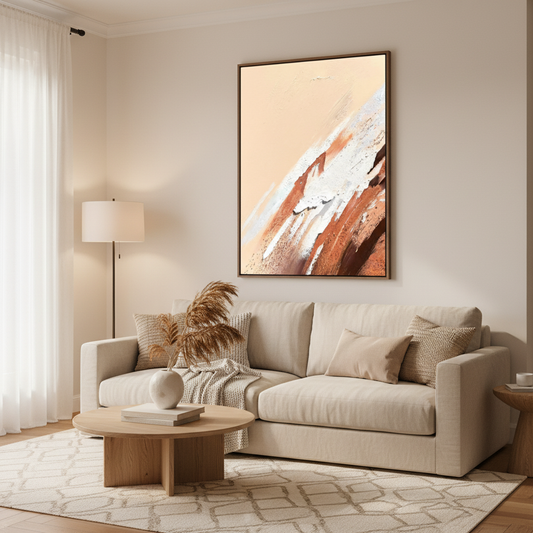 Abstract peach beige copper brushstroke oil painting in a warm modern living room