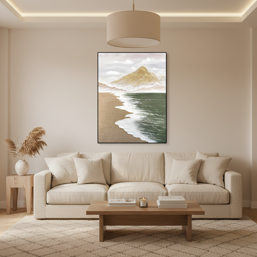 Serene coastal mountain oil painting in a warm modern living room