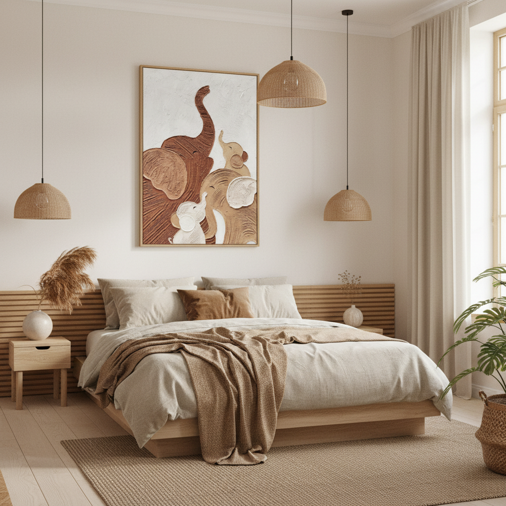Three elephant family impasto oil painting in a Japandi bedroom