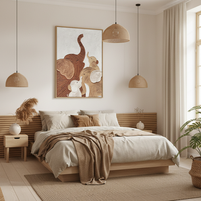 Three elephant family impasto oil painting in a Japandi bedroom