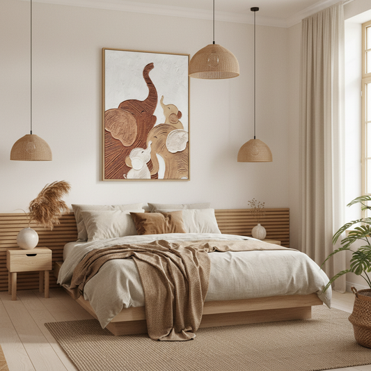 Three elephant family impasto oil painting in a Japandi bedroom