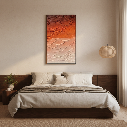Abstract orange gradient oil painting in a Japandi bedroom