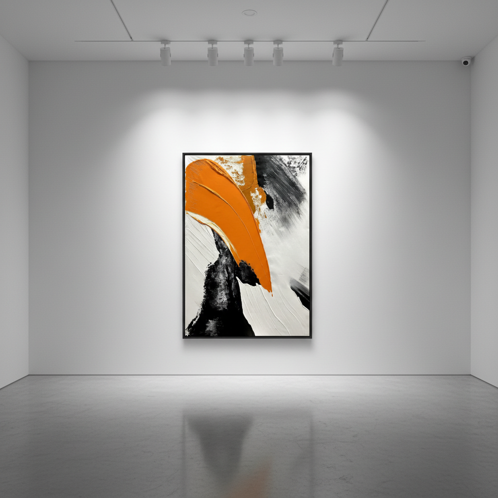 Abstract orange black arc oil painting in an art gallery