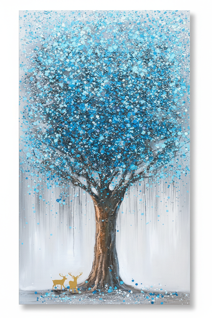Fantasy blue teal crystal tree golden deer impasto oil painting no frame white background