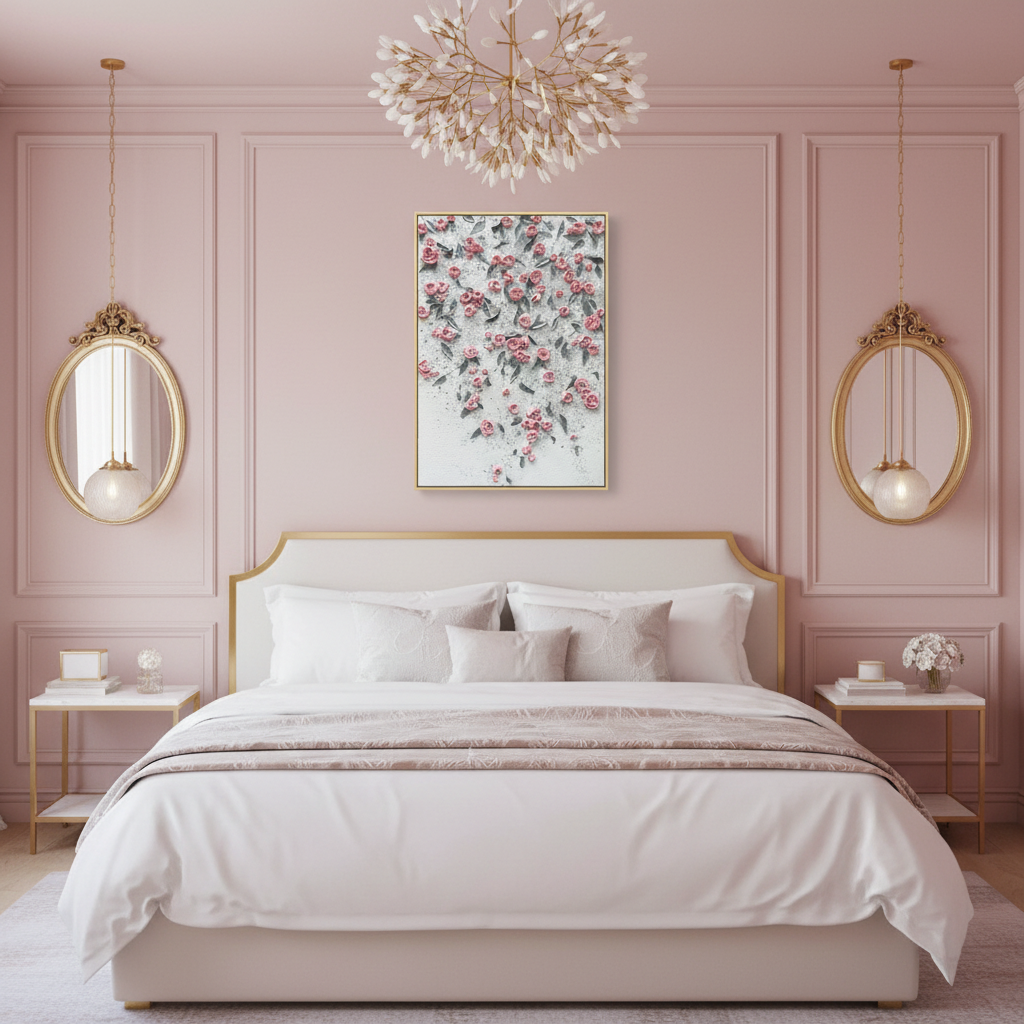 Pink rose floral wall oil painting in a luxurious feminine bedroom