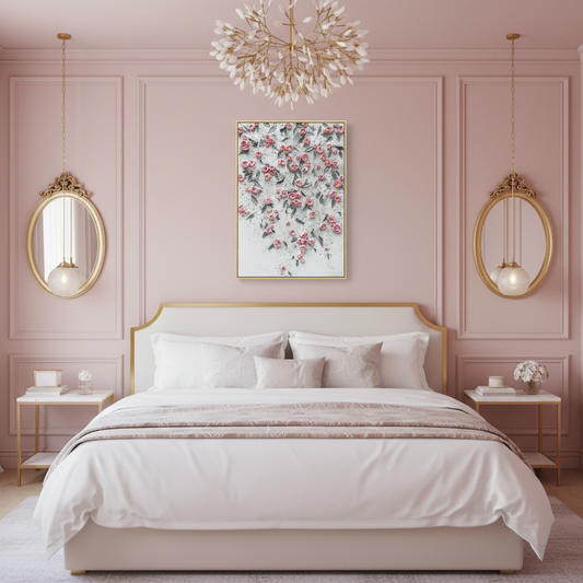 Pink rose floral wall oil painting in a luxurious feminine bedroom