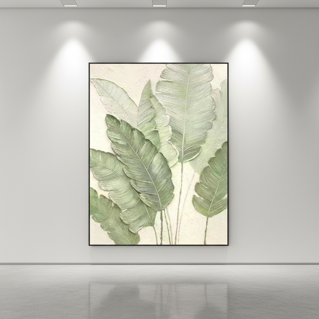 Soft mint sage green tropical leaf oil painting in an art gallery