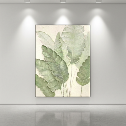 Soft mint sage green tropical leaf oil painting in an art gallery