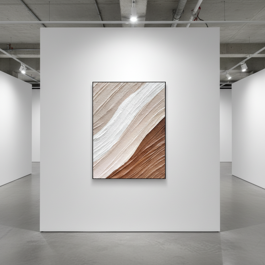 Abstract cream copper brown desert sand oil painting in an art gallery
