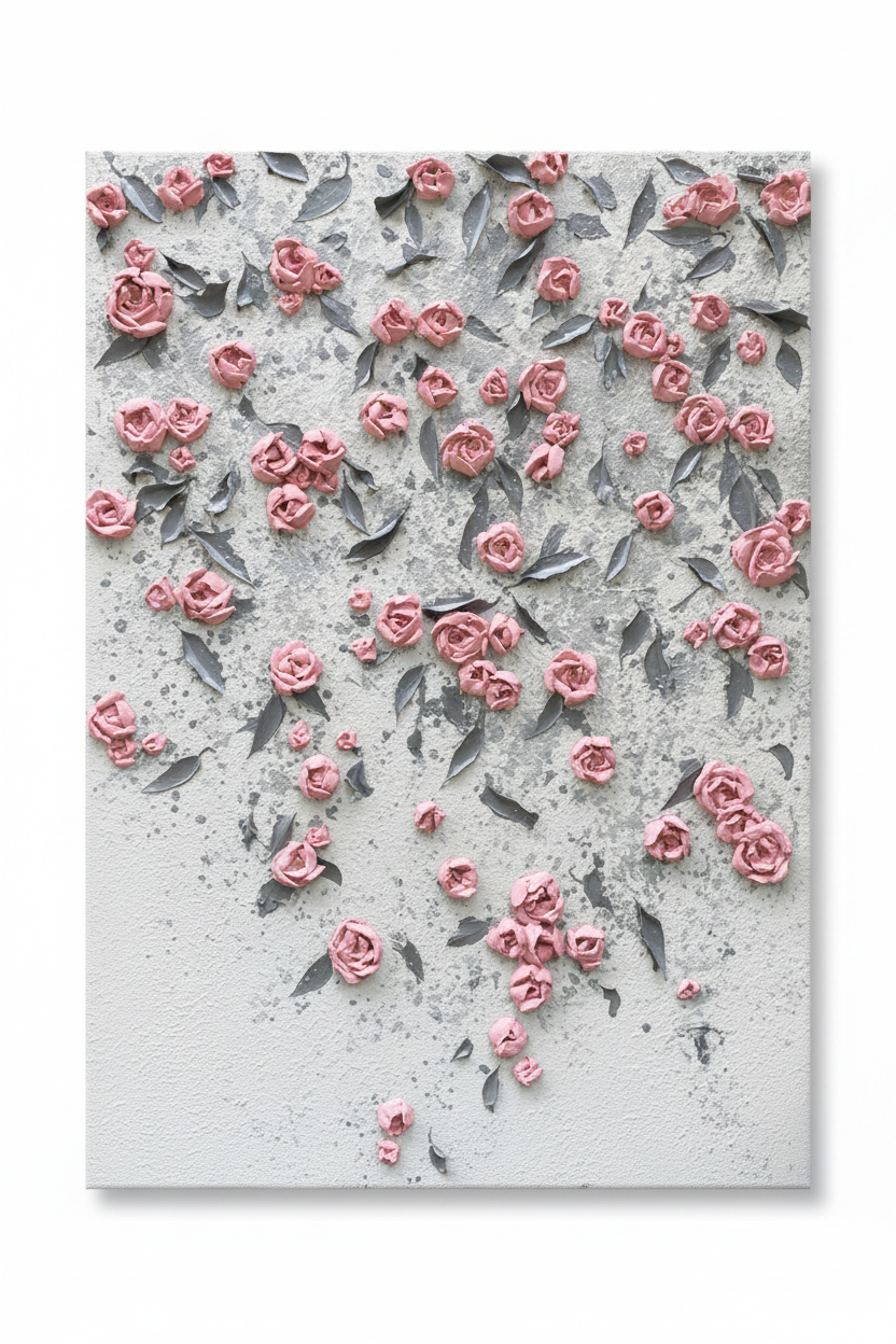 Pink rose floral wall sculptural impasto oil painting no frame white background