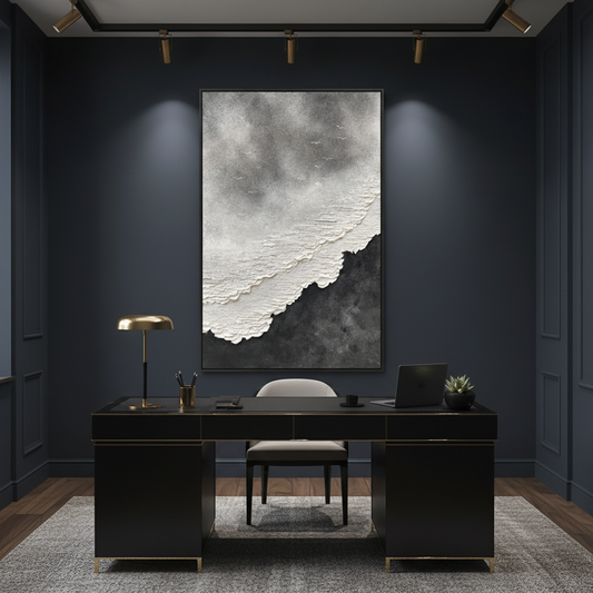 Dark abstract coastal oil painting in a luxury home office