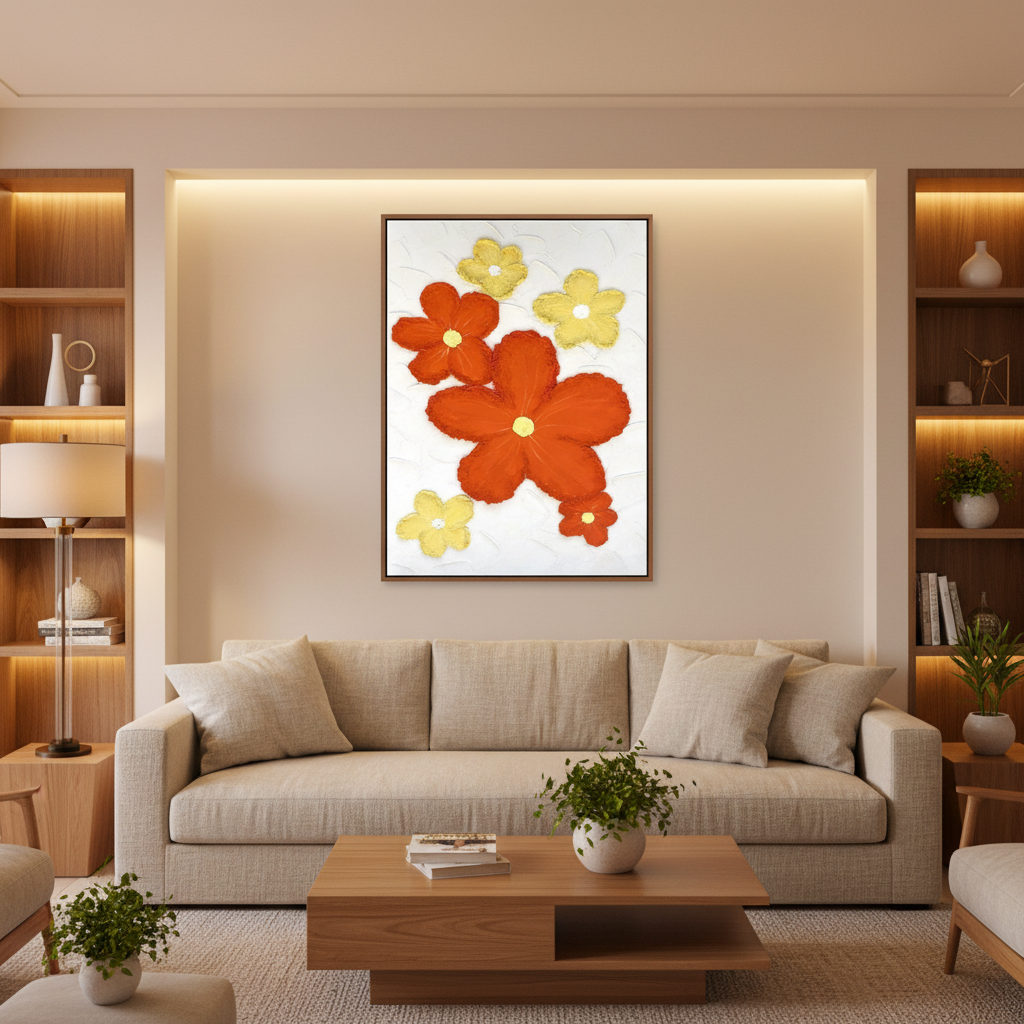 Red yellow bold flower scatter oil painting in a warm modern living room