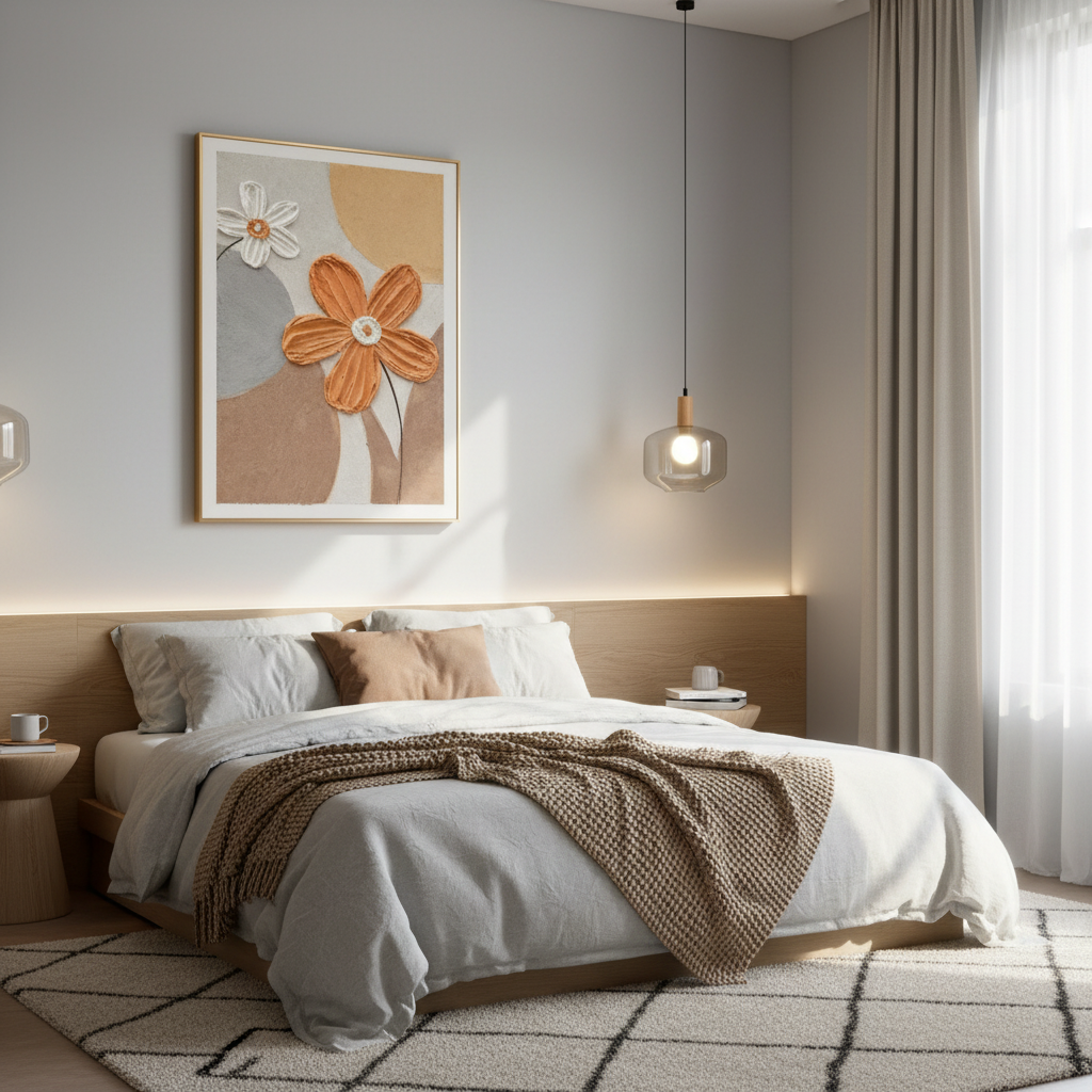 Hand-painted floral oil painting above headboard in a cozy Scandinavian bedroom