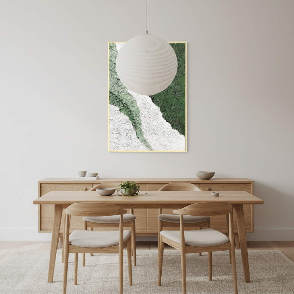 Abstract green white glacier river oil painting in a Scandinavian dining room