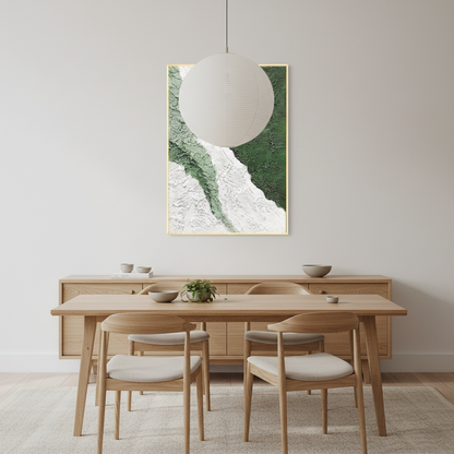 Abstract green white glacier river oil painting in a Scandinavian dining room